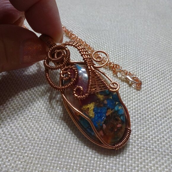 Rustic OYSTER TURQUOISE Handmade COPPER WIRE-WRAPPED Pendant/Chain #389C - Picture 1 of 3